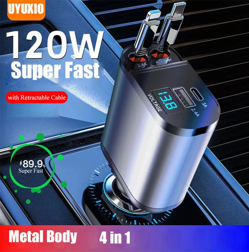 Car Phone Charger Fast Charging Retractable Cable Device Protection