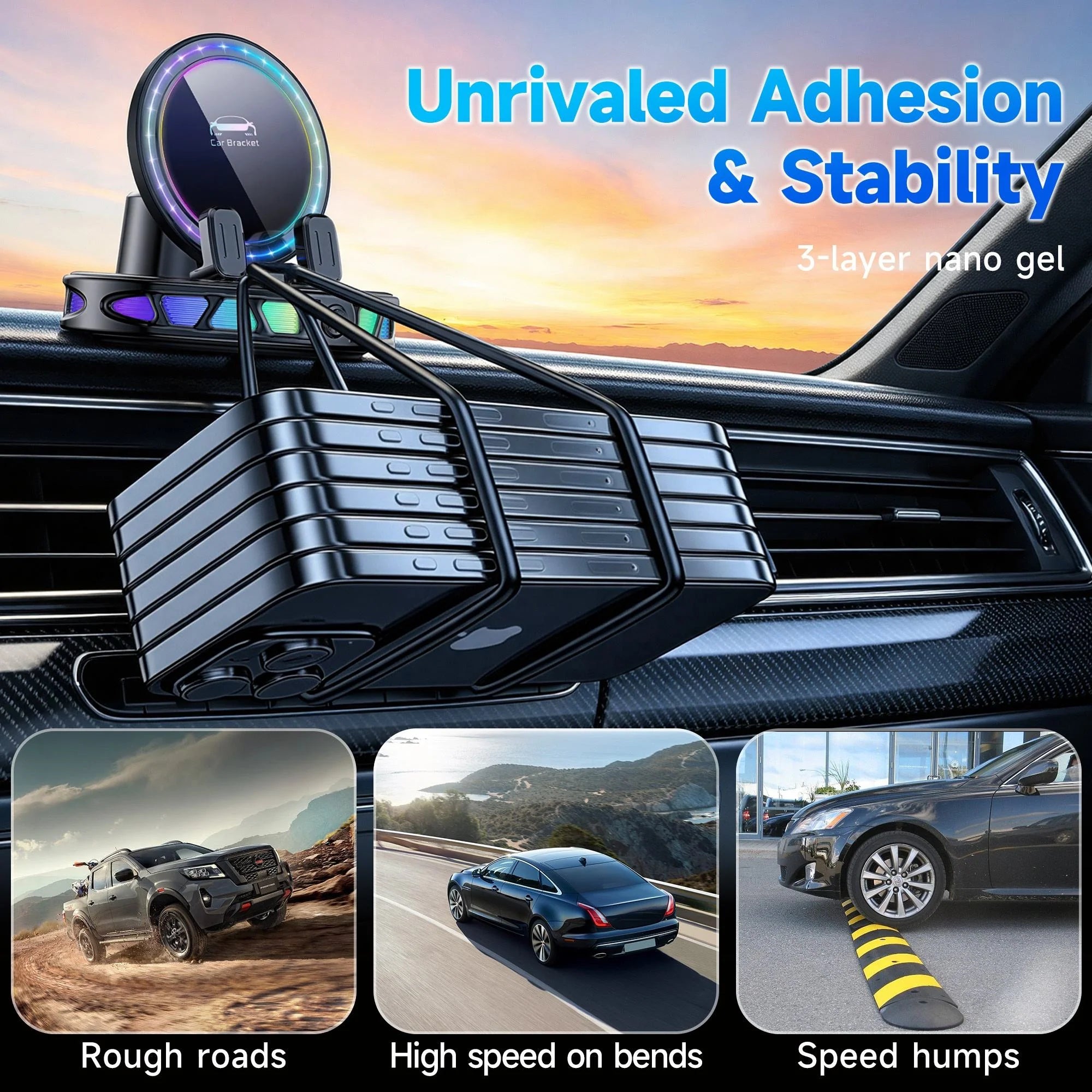 Car Phone Mount Automatic One-Hand Clamping RGB Lighting