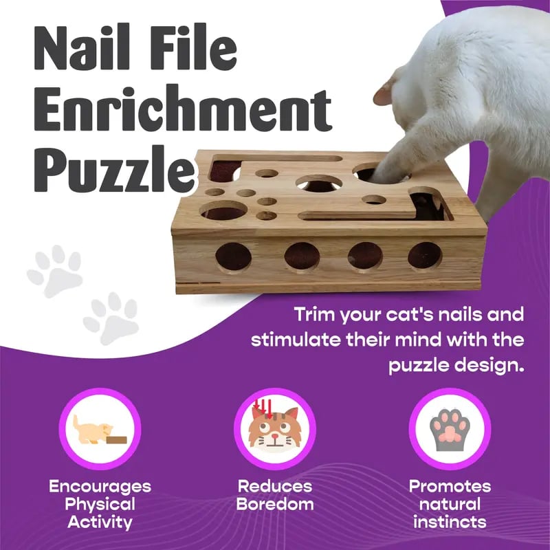 Cat Puzzle Box Oak Wood Treat-Dispensing Claw Care