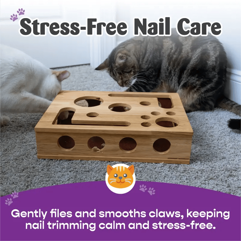Cat Puzzle Box Oak Wood Treat-Dispensing Claw Care
