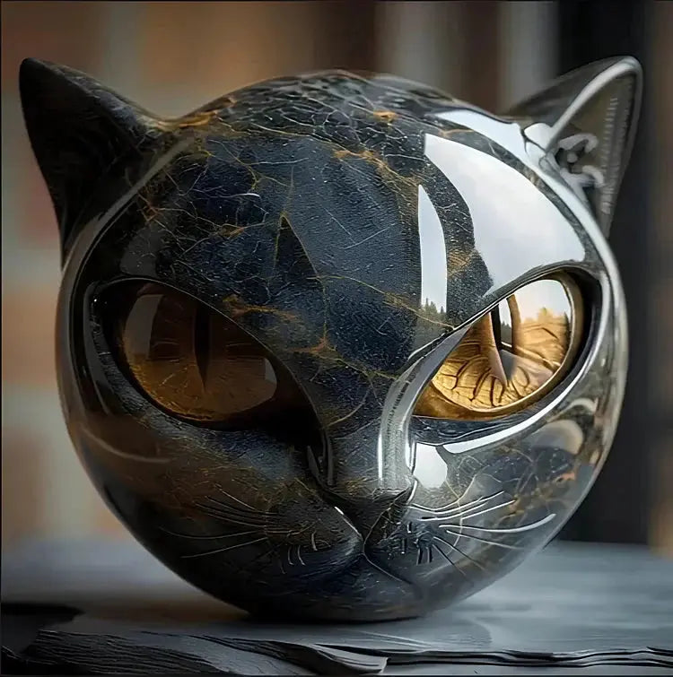 Cat Sculpture Handcrafted Marble Finish Glowing Eyes