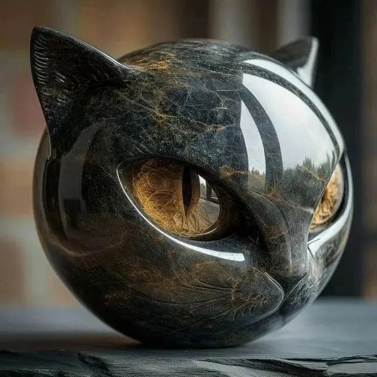 Cat Sculpture Handcrafted Marble Finish Glowing Eyes