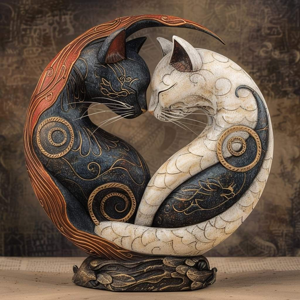 Cat Sculpture Yin-Yang Hand-Painted Resin