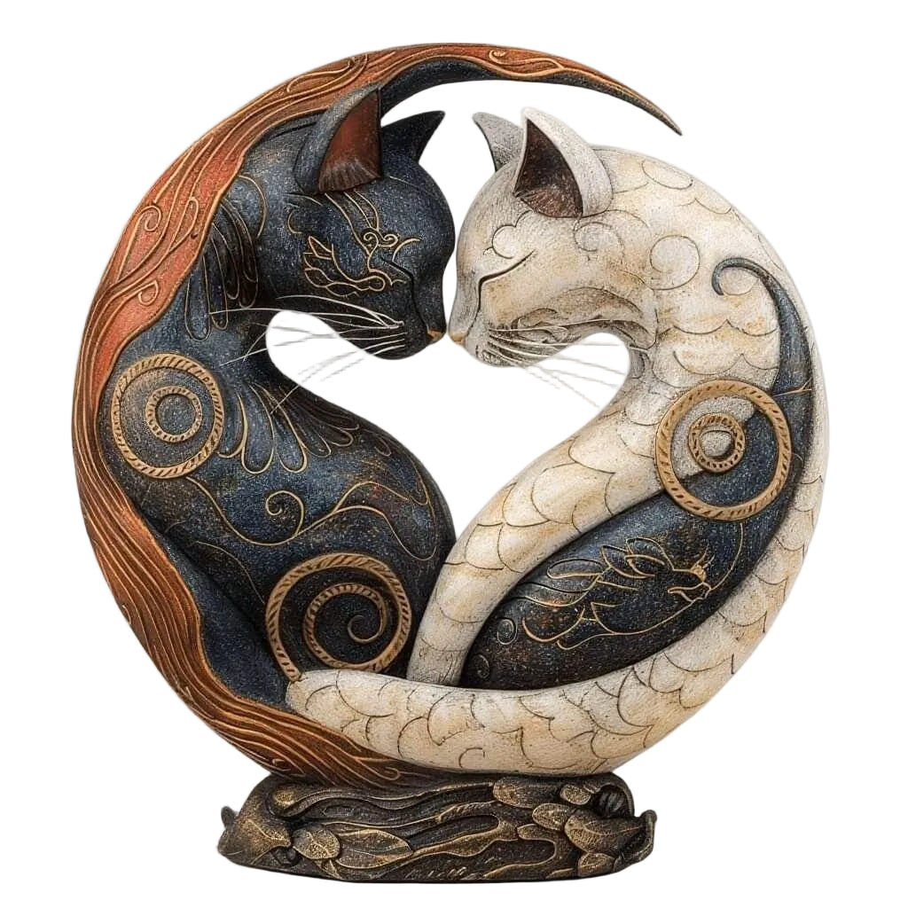 Cat Sculpture Yin-Yang Hand-Painted Resin