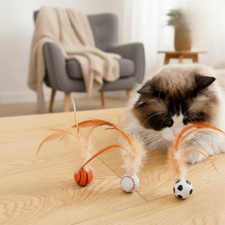 Cat Toy Feather-Trimmed Bouncing Balls Set of 3 Battery-Free