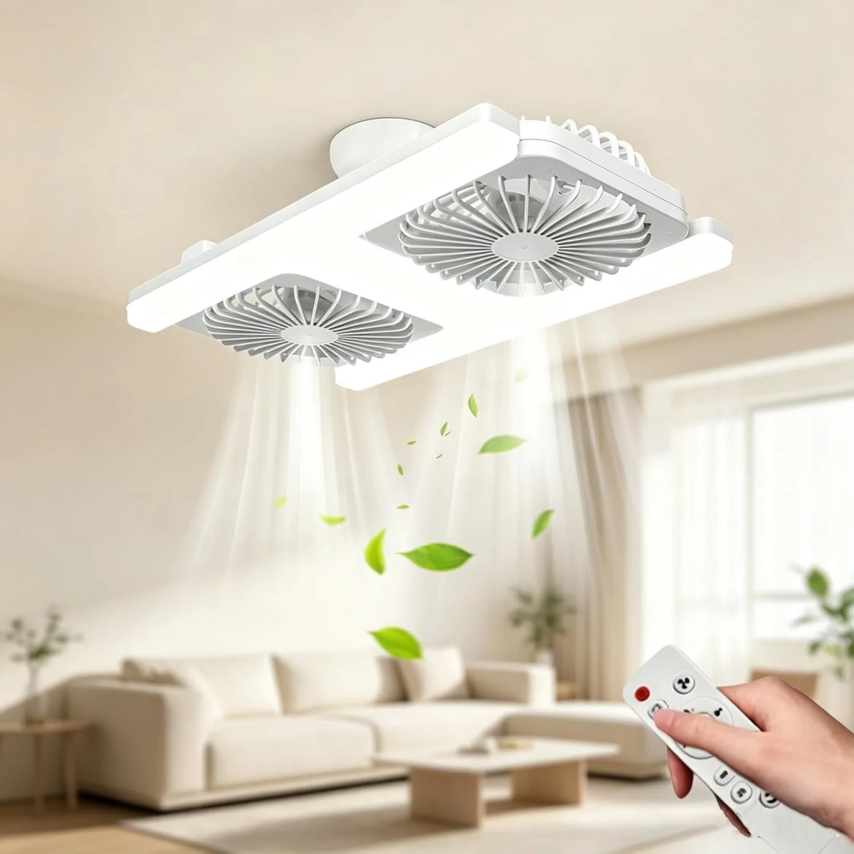 Ceiling Fan Dual Adjustable Heads Stepless Dimmable LED Remote