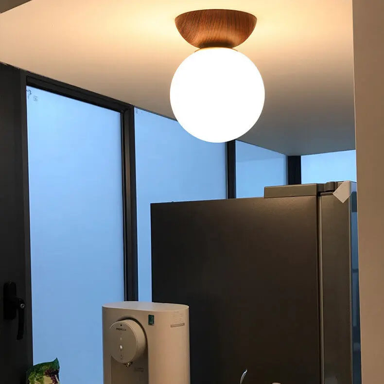 Ceiling Light Glass Globe & Wood Grain Base E14 Socket