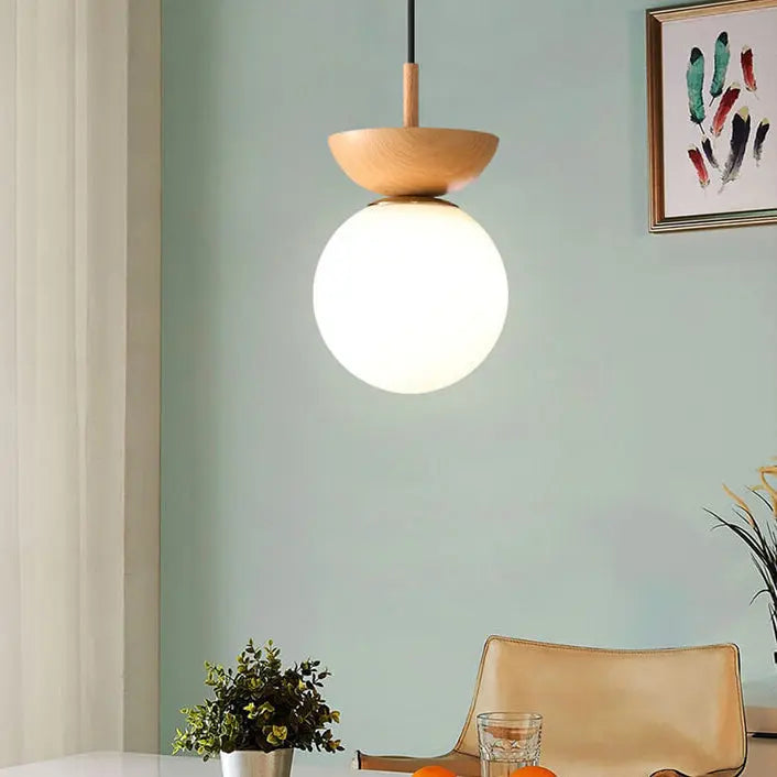 Ceiling Light Glass Globe & Wood Grain Base E14 Socket