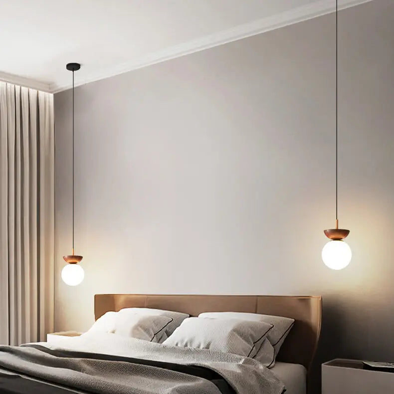 Ceiling Light Glass Globe & Wood Grain Base E14 Socket
