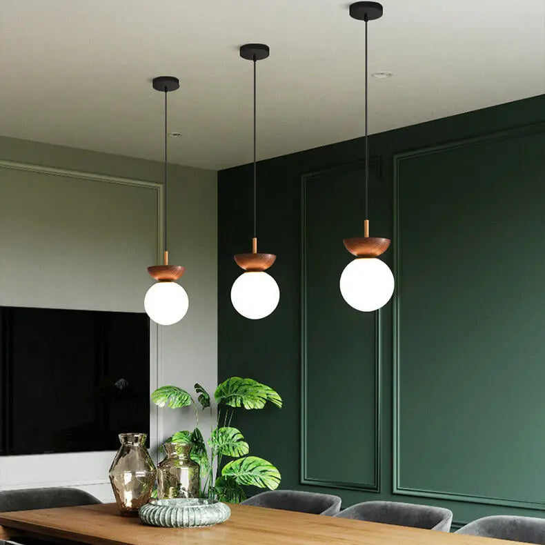 Ceiling Light Glass Globe & Wood Grain Base E14 Socket