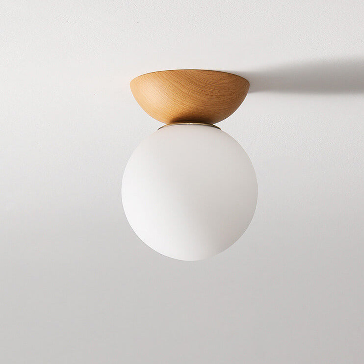 Ceiling Light Semi-Recessed Glass Globe Wood Finish