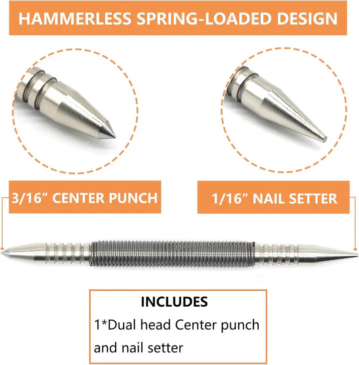 Center Punch Spring-Loaded Hardened Steel Two Interchangeable Tips
