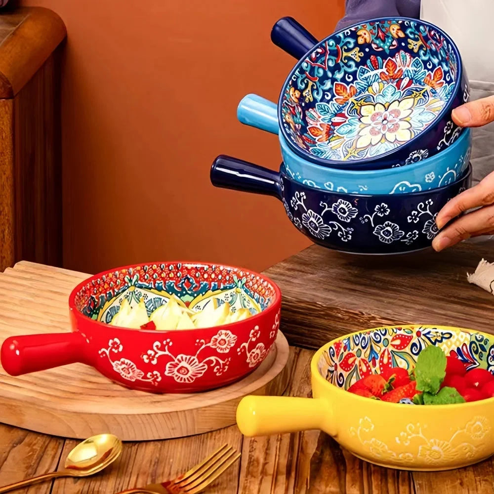 Ceramic Bowl Hand-Painted Floral Handle Oven & Microwave Safe