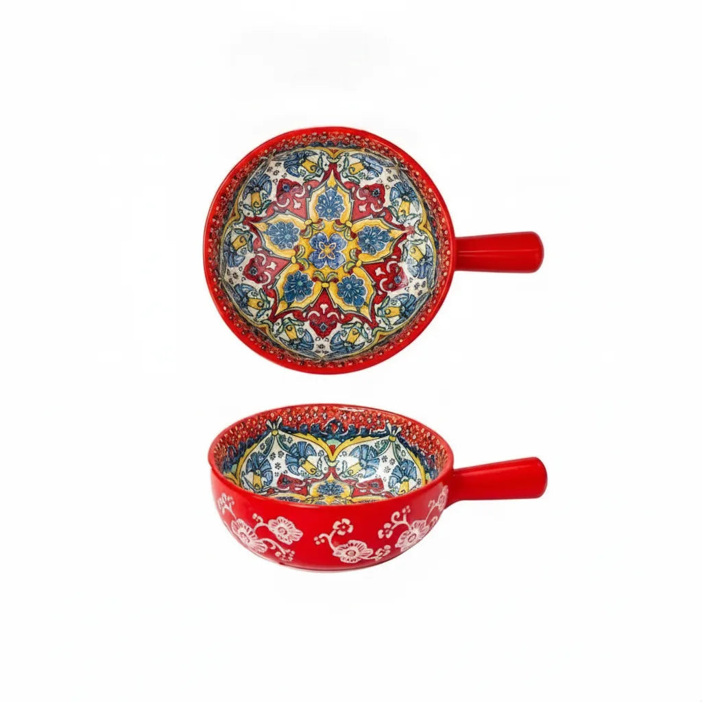 Ceramic Bowl Hand-Painted Floral Handle Oven & Microwave Safe