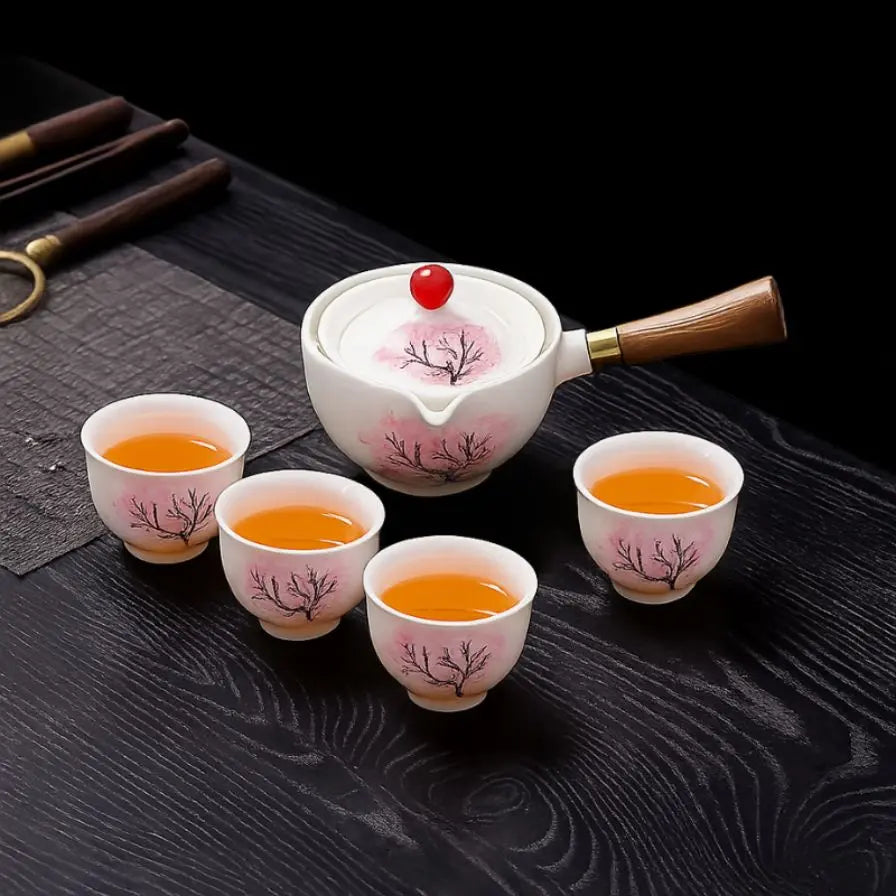 Ceramic Teapot Color-Changing Cherry Blossom Rotating Strainer Wooden Handle