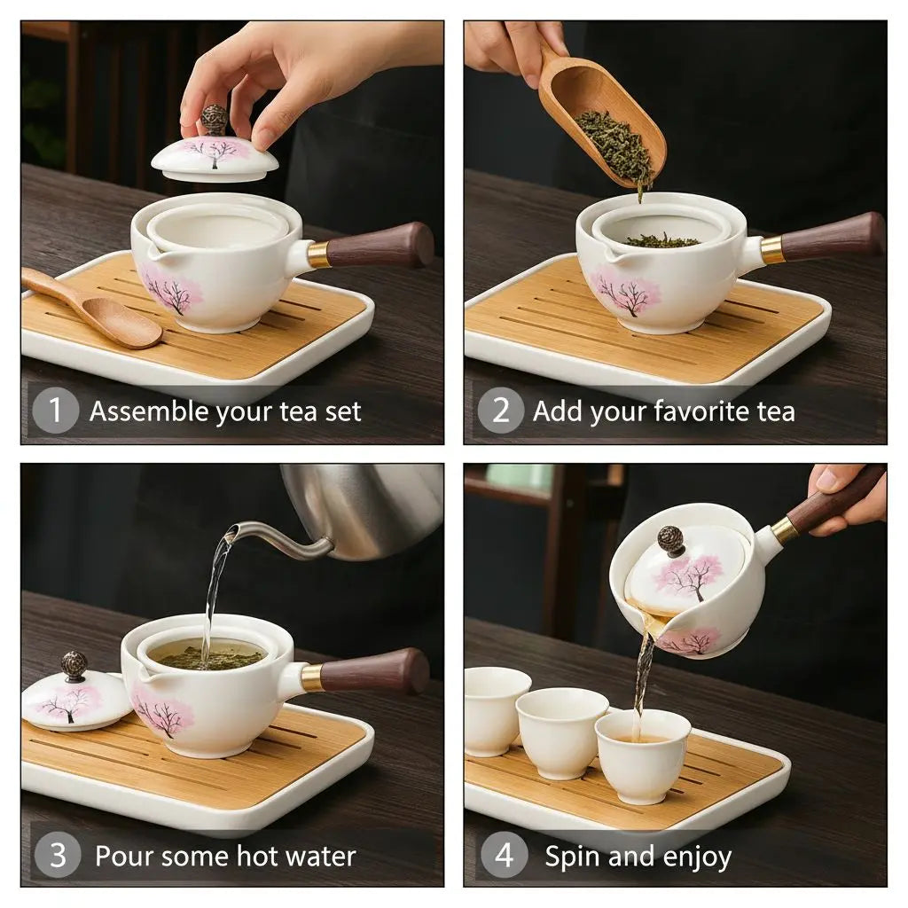 Ceramic Teapot Color-Changing Cherry Blossom Rotating Strainer Wooden Handle