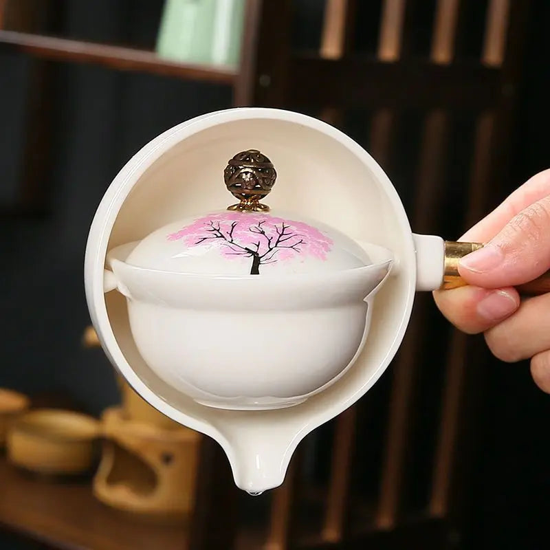 Ceramic Teapot Color-Changing Cherry Blossom Rotating Strainer Wooden Handle
