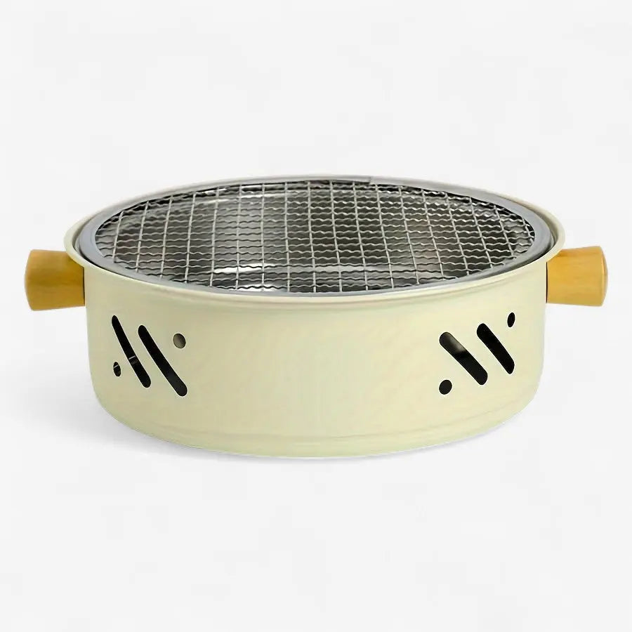 Charcoal Grill Compact Portable Stainless Steel Grate Wooden Handles