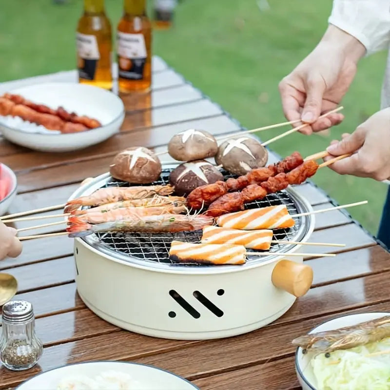 Charcoal Grill Compact Portable Stainless Steel Grate Wooden Handles