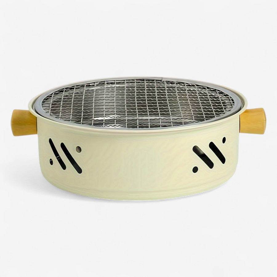 Charcoal Grill Portable Round Stainless Steel & Wooden Handles