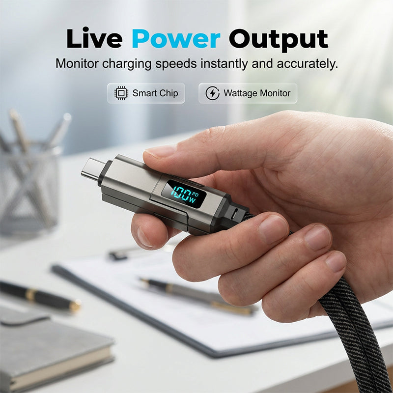 Charging Cable Keychain 4-in-1 Universal Connectors Digital Power Display