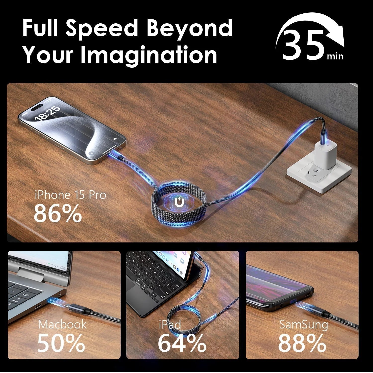Charging Cable Magnetic Spiral 100W Tangle-Free