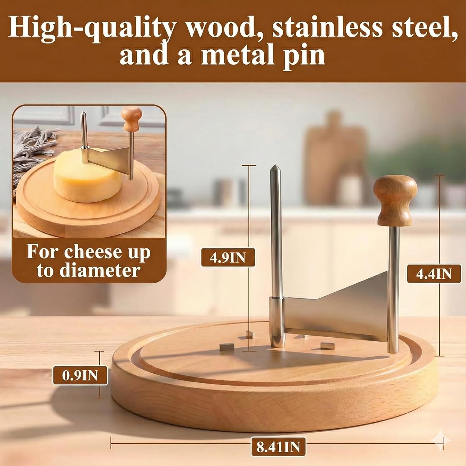 Cheese Slicer Stainless Steel Blade & Solid Wood Base