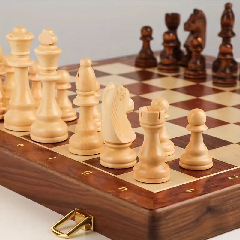 Chess Set Foldable Solid Hardwood With Integrated Storage