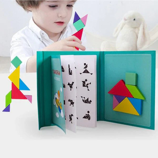 Children's Tangram Puzzle Magnetic Wooden Fold-Out Book 12 Cards
