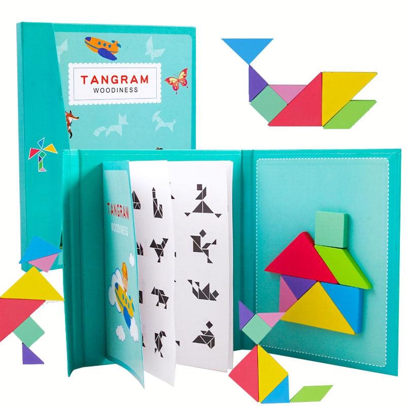 Children's Tangram Puzzle Magnetic Wooden Fold-Out Book 12 Cards
