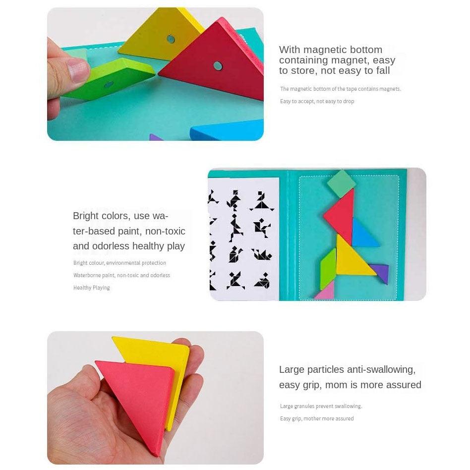 Children's Tangram Puzzle Magnetic Wooden Fold-Out Book 12 Cards