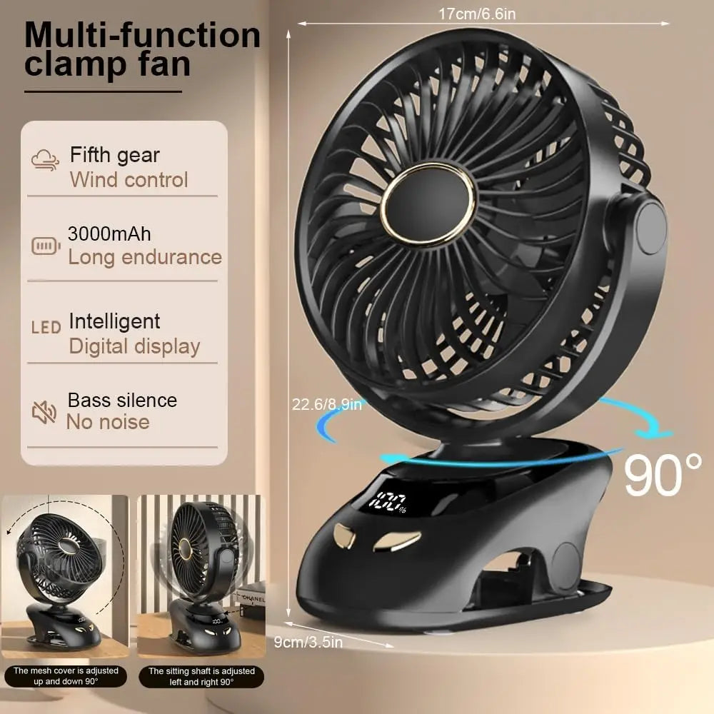 Clip Fan USB-C Rechargeable 6000 mAh LED Display