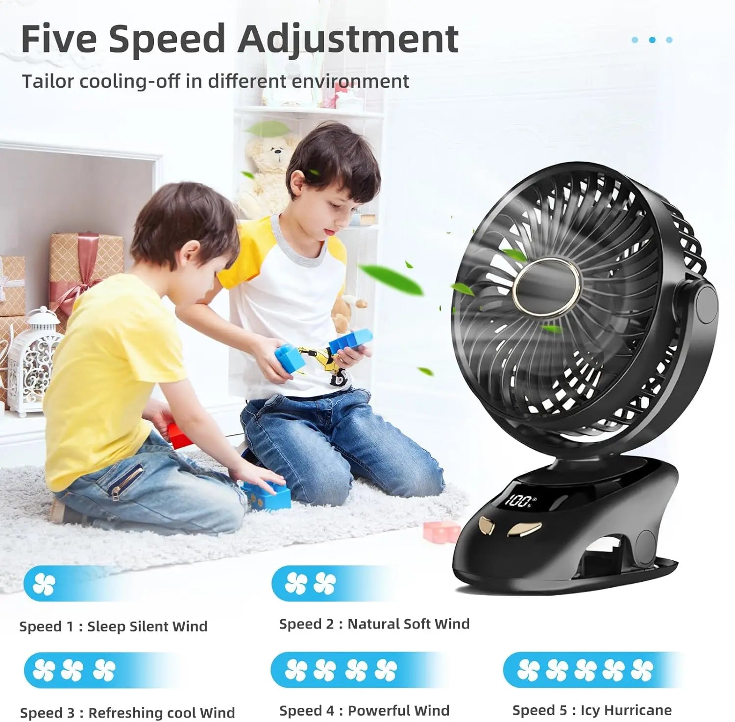 Clip Fan USB-C Rechargeable 6000 mAh LED Display