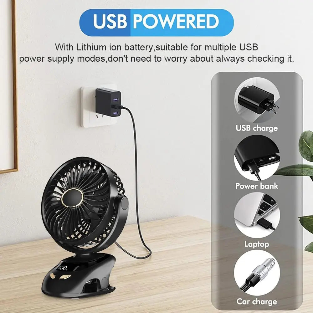 Clip Fan USB-C Rechargeable 6000 mAh LED Display
