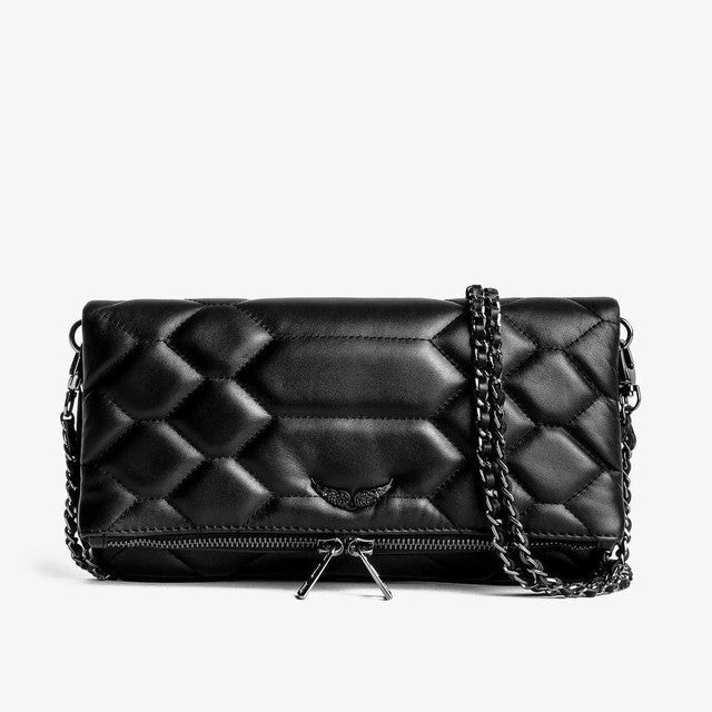 Clutch Faux Leather Rhinestone Wing Appliqué & Detachable Chain
