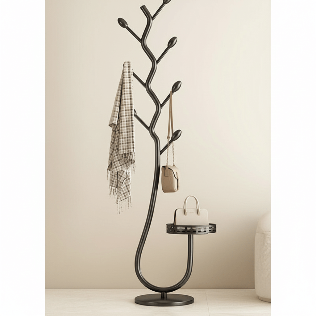 Coat Rack Solid Natural Wood Freestanding No Drill Base