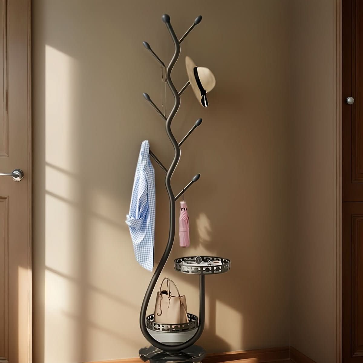 Coat Rack Solid Natural Wood Freestanding No Drill Base