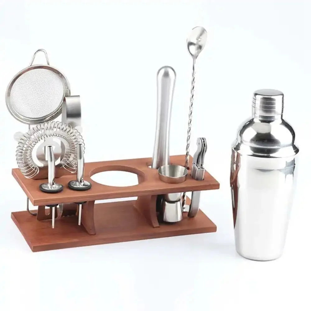 Cocktail Set 10-Piece Stainless Steel Wooden Stand