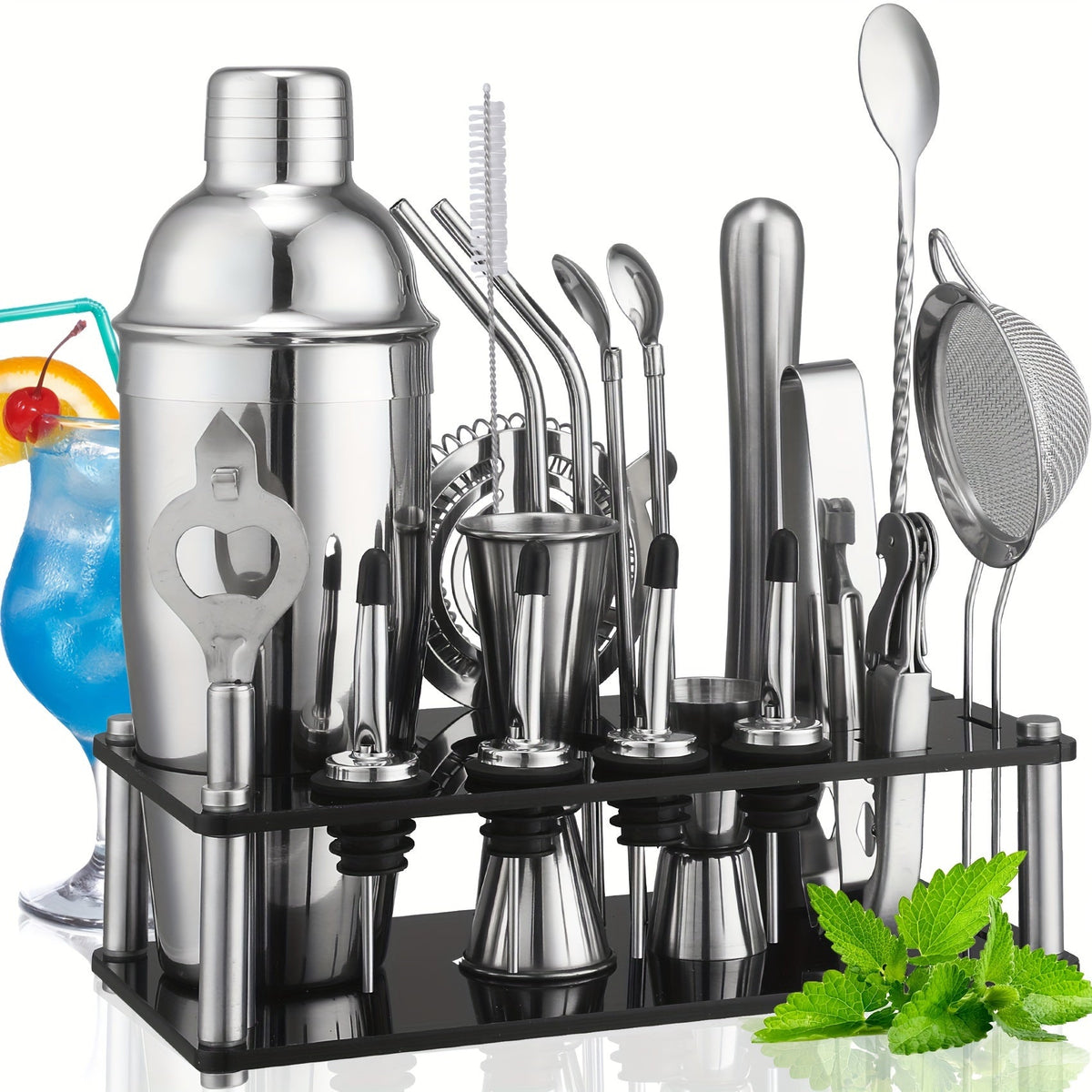 Cocktail Set 20-Piece Stainless Steel Acrylic Stand