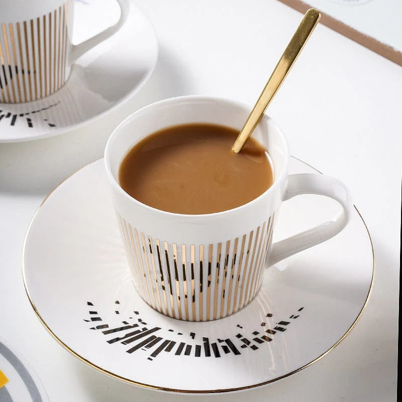 Coffee Cup & Saucer Set Porcelain Hand-Applied Gold Stripe
