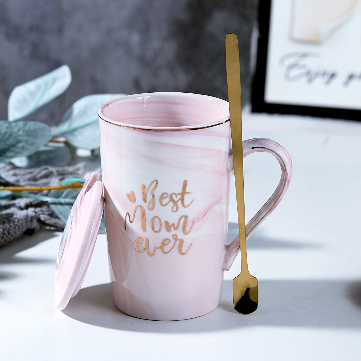 Coffee Cup Set Porcelain Marble-Look Lid & Wooden Spoon