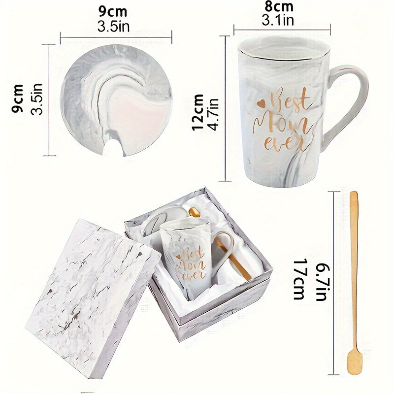 Coffee Cup Set Porcelain Marble-Look Lid & Wooden Spoon