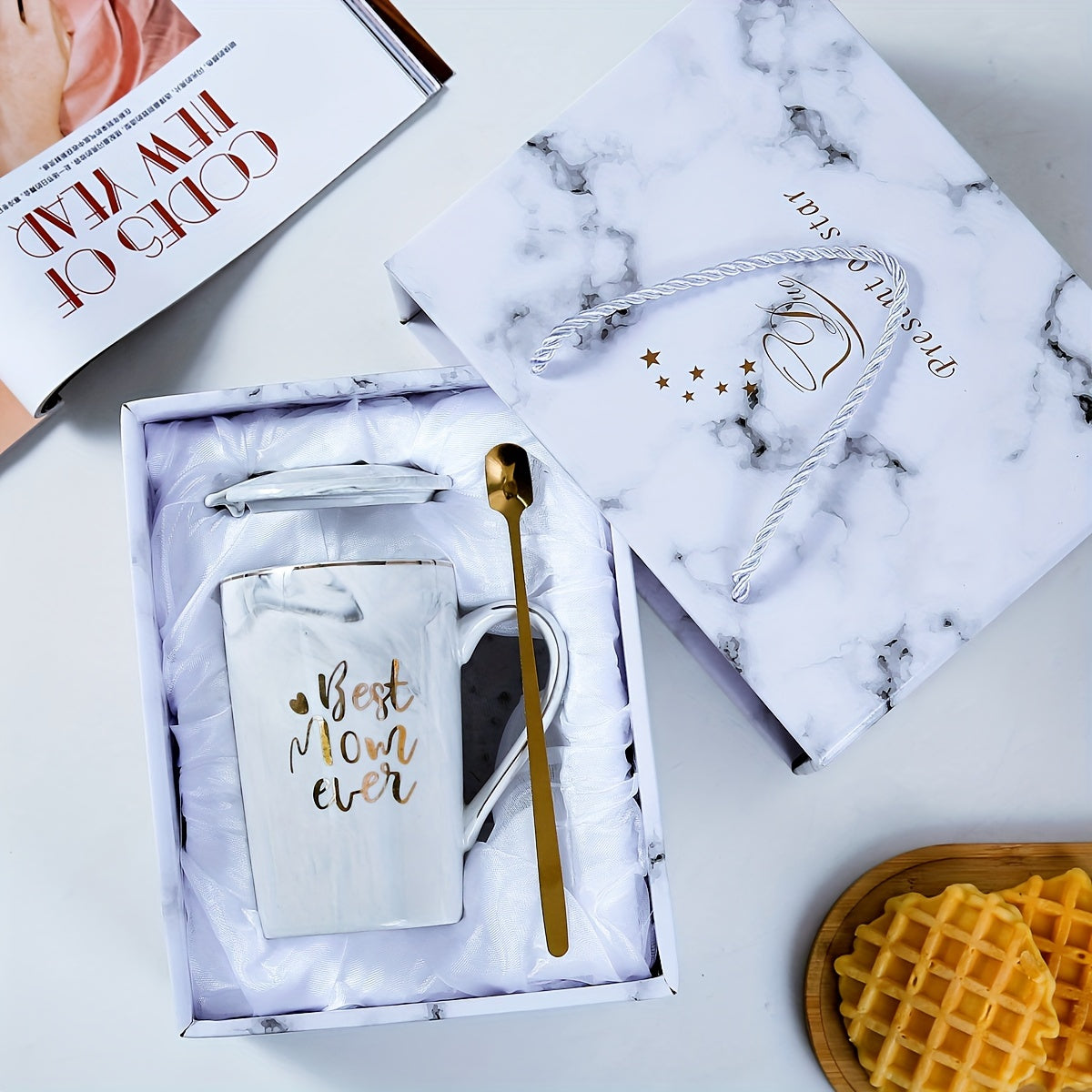 Coffee Cup Set Porcelain Marble-Look Lid & Wooden Spoon