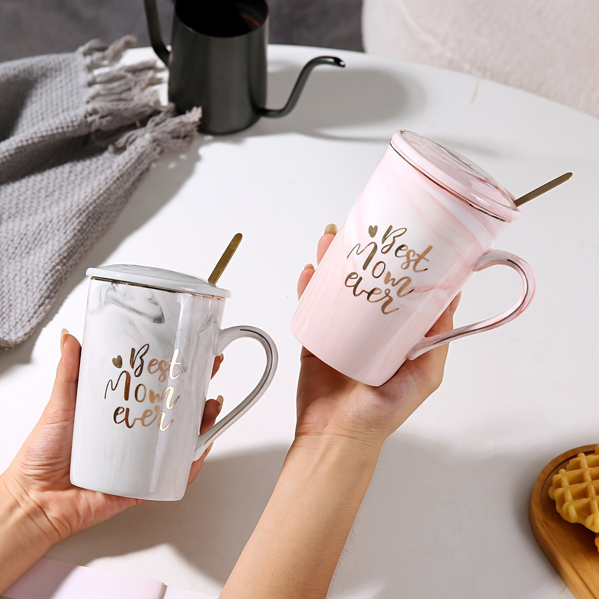 Coffee Cup Set Porcelain Marble-Look Lid & Wooden Spoon