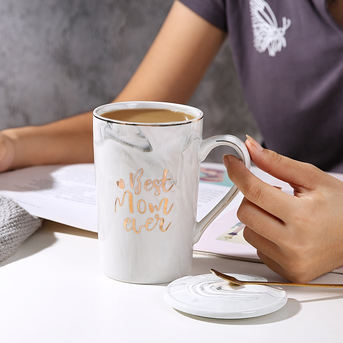 Coffee Cup Set Porcelain Marble-Look Lid & Wooden Spoon