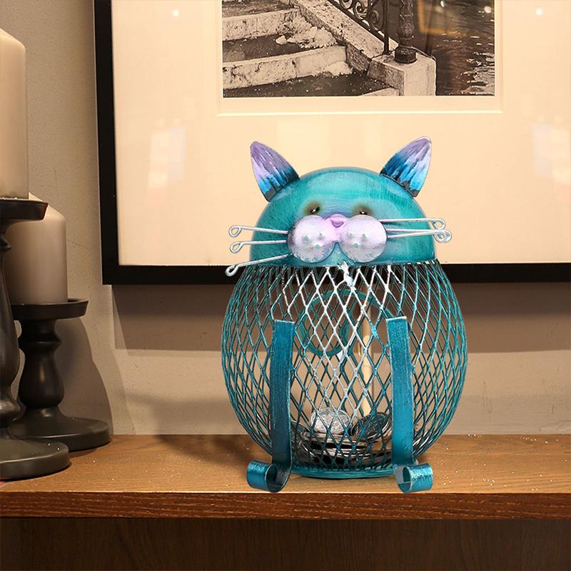 Coin Bank Cat Turquoise Electroplated Iron Removable Bottom