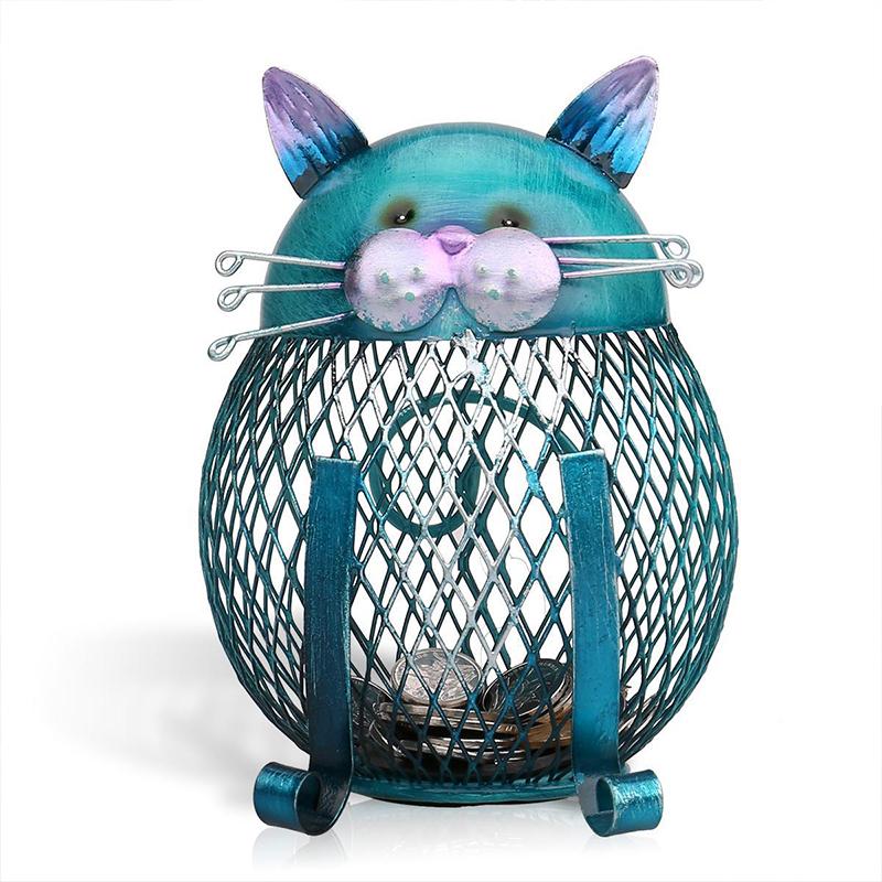 Coin Bank Cat Turquoise Electroplated Iron Removable Bottom