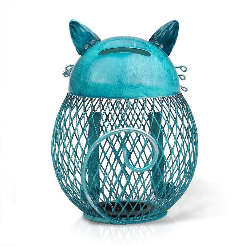 Coin Bank Cat Turquoise Electroplated Iron Removable Bottom