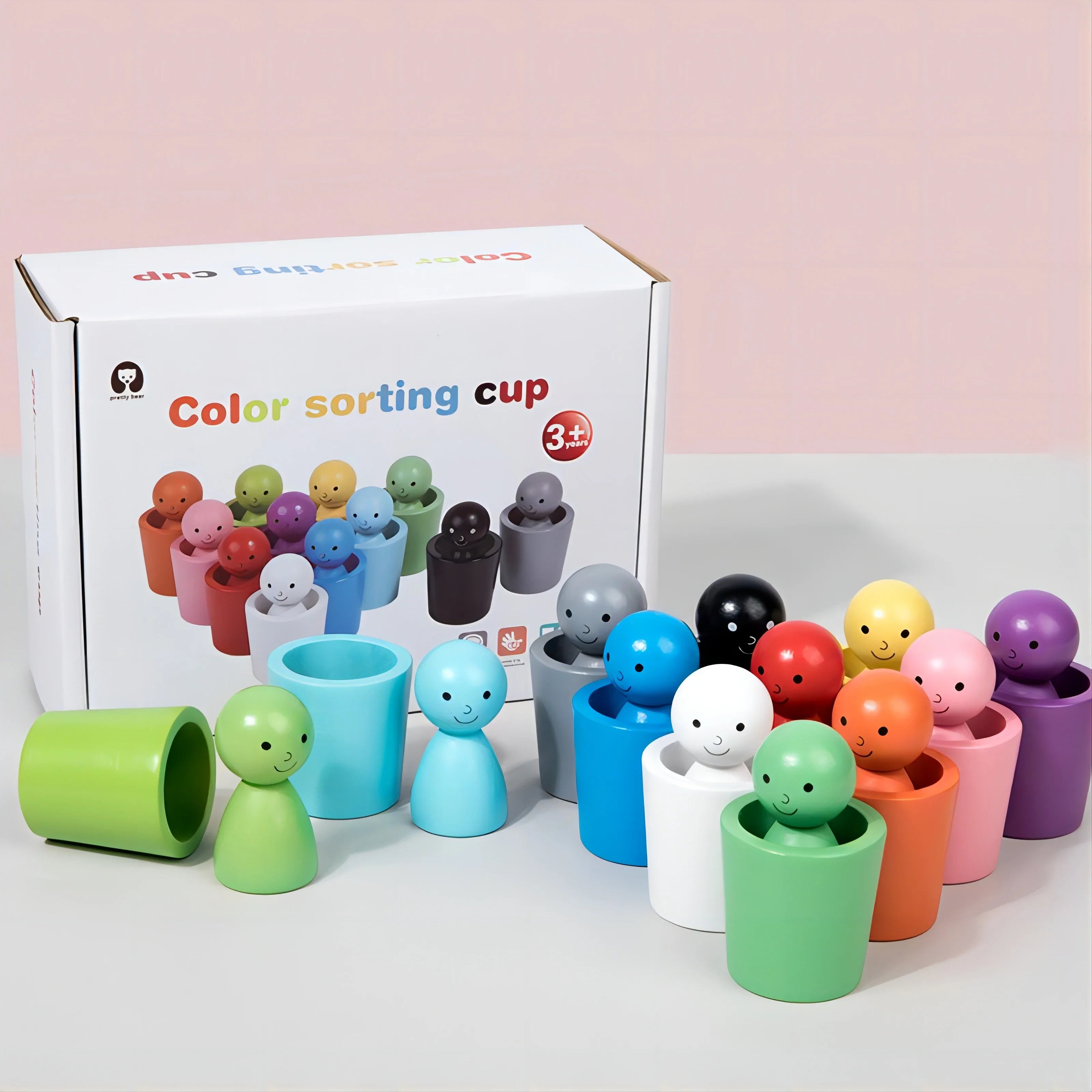 Color Sorting Cups Wooden Stacking & Matching 12-Piece