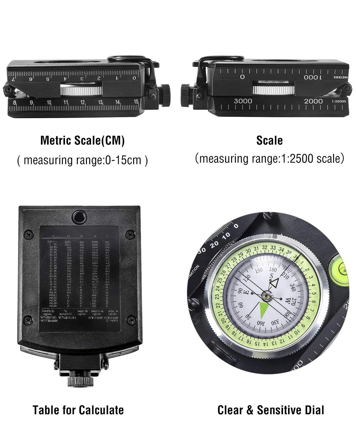 Compass Glow Needle & Integrated Clinometer Waterproof Aluminum